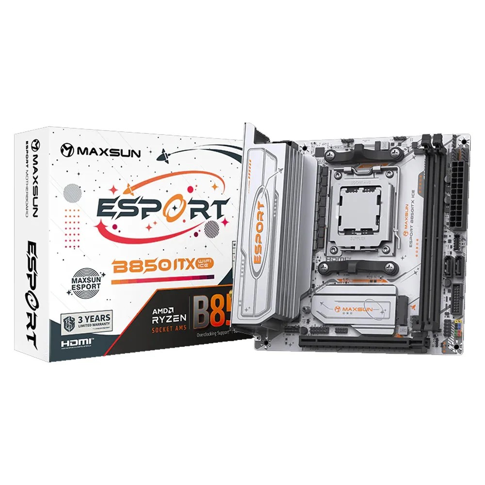 MAXSUN MS-eSport B850ITX WIFI ICE (Socket AM5, mini-ITX, 2*DDR5(96Gb), DP/HDMI,  2*SATA3, 2*M.2,  1*PCIEx16, 4*USB2.0, 2*USB 3.0, 1*Type-C, LAN 1*2,5G, Bluetooth, Wi-Fi 802.11ax, RTL)