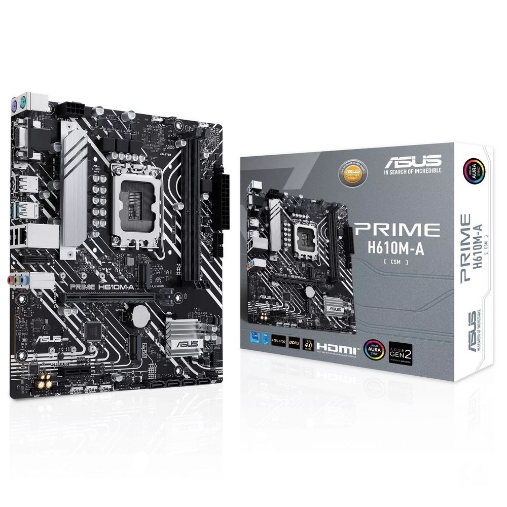 ASUS PRIME H610M-A-CSM (Socket 1700, mATX, 2xDDR5(96GB), VGA/DP/HDMI, 1xPCIe 4.0x16/1xPCIe 3.0, 1xLAN, 4xSATA 6Gb/s, 2xM.2, 1xM.2 E key, 2xUSB 3.2, 2xUSB 2.0, 2xPS/2)