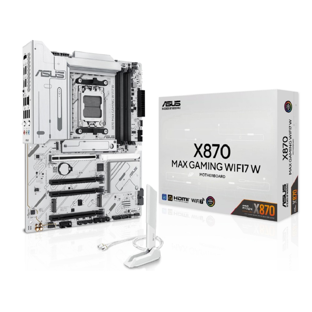 ASUS X870 MAX GAMING WIFI7 W(SocketAM5, ATX, 4xDDR5(256GB), HDMI, 1xPCIe5.0x16/2xPCIe4.0x16/1xPCIe3.0x16, 1xLAN (2.5GbE), Wi-Fi 7, BT, 4xSATA 6Gb/s, 3xM.2, 2xUSB4 Type-C, 4xUSB 3.2, 4xUSB 2.0) white