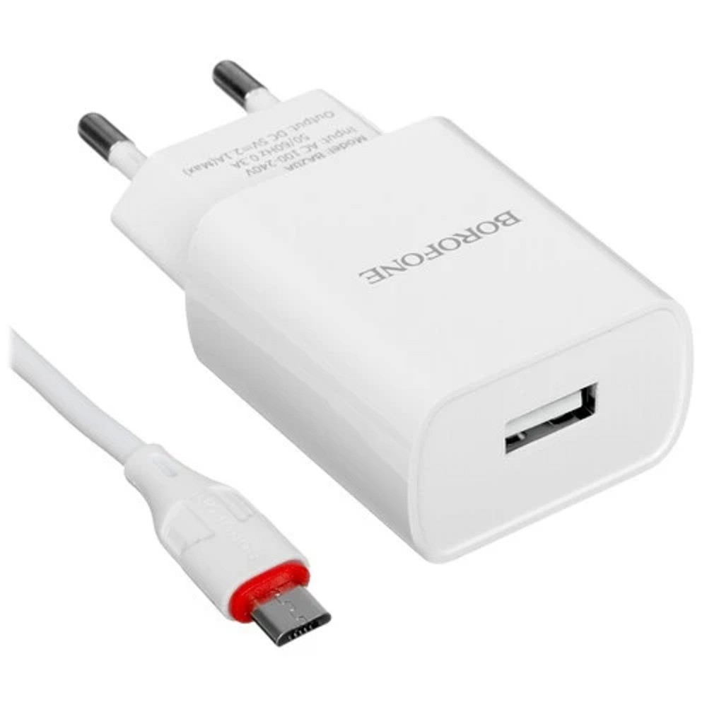 BOROFONE BA20A/ Сетевое ЗУ + Кабель Micro 1m/ 1 USB/ Выход: 10.5W/ White