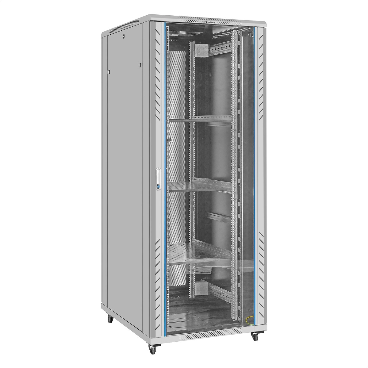 Exegate EX300284RUS Шкаф телекоммуникационный 19" напольный 42U ExeGate EC-FS-42U.800.1000.G.V.GREY (19”, 42U, 800x1000x2054mm (ШхГхВ), передняя дверь закаленное стекло, задняя двойная перфорированная