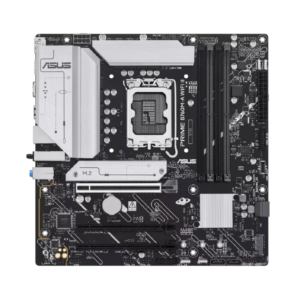 ASUS PRIME B760M-A WIFI II (Socket1700, mATX, 4xDDR5(256GB), DP/HDMI, 1xPCIe 5.0x16/2xPCIe 4.0x16, 1xLAN (2.5GbE), Wi-Fi, BT, 4xSATA 6Gb/s, 2xM.2, 2xUSB 3.2, 4xUSB 2.0) 