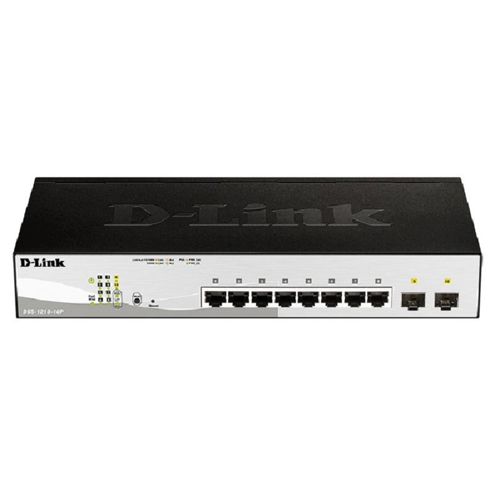 D-Link DGS-1210-10P/F3A Управляемый L2 коммутатор с 8 портами 10/100/1000Base-T и 2 портами 1000Base-X SFP (8 портов PoE 802.3af/at, PoE-бюджет 65 Вт)
