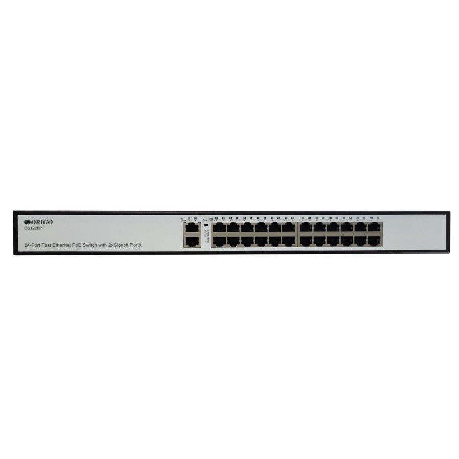 ORIGO OS1226P/A1A Неуправляемый PoE-коммутатор 24x100Base-TX PoE+, 2x1000Base-T, PoE-бюджет 285 Вт, корпус металл