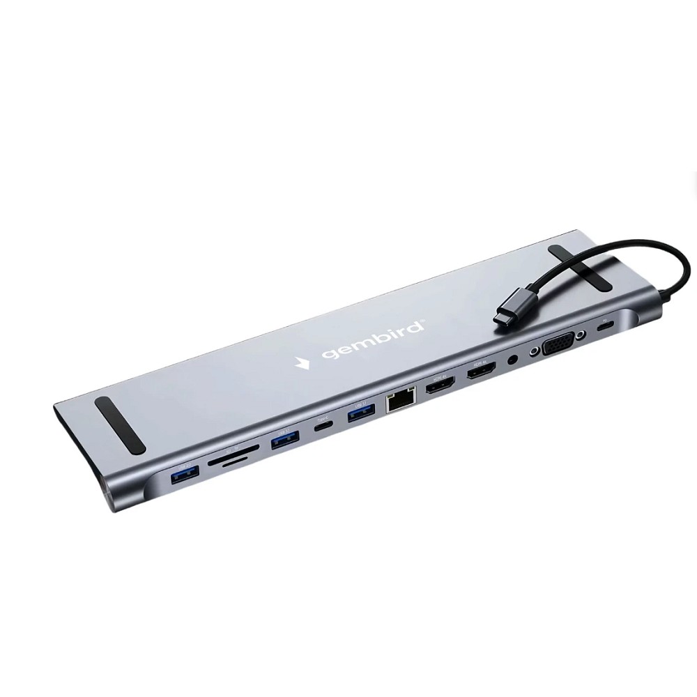 Повреждение упаковки Gembird Док-станция Type-C,12в1: 2xUSB3.1,USB2.0, RJ45,PD87W, Jack3.5, SD/TF, 2xHDMI, VGA,Type-C (UHB-D6)