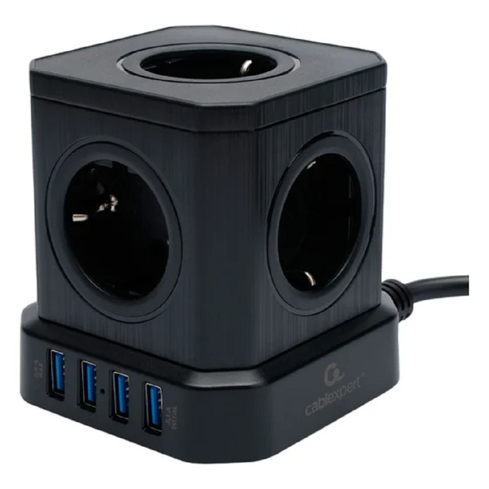 Cablexpert Сетевой фильтр Tower TWR-5-U4-B-3 (Tower 5р, 10А, 4 х USB, 3.1А, 3м, ур.защиты 4+) черный, коробка {22553}
