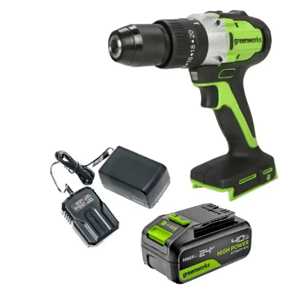 Greenworks GD24DD60 Дрель-шуруповерт ударная аккумуляторная, 24V, бесщеточная, 30/60Нм,1х4Ач,ЗУ,кор [3704107CUB]