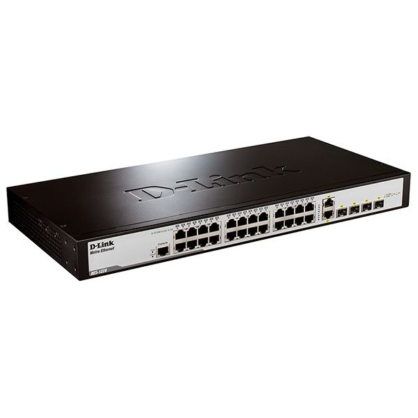 D-Link DES-1228/ME_RFB/B1 Восстановленный в производственных условиях управляемый коммутатор 2 уровня с 24 портами 10/100Base-TX, 2 портами 100/1000Base-X SFP и 2 комбо-портами 100/1000Base-T/SFP.