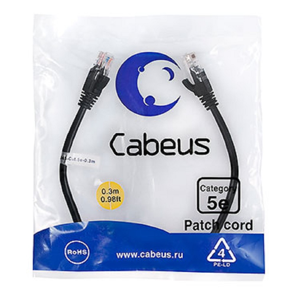 Cabeus PC-UTP-RJ45-Cat.5e-0.3m-BK-LSZH Патч-корд U/UTP, категория 5е, 2xRJ45/8p8c, неэкранированный, черный, LSZH, 0.3м