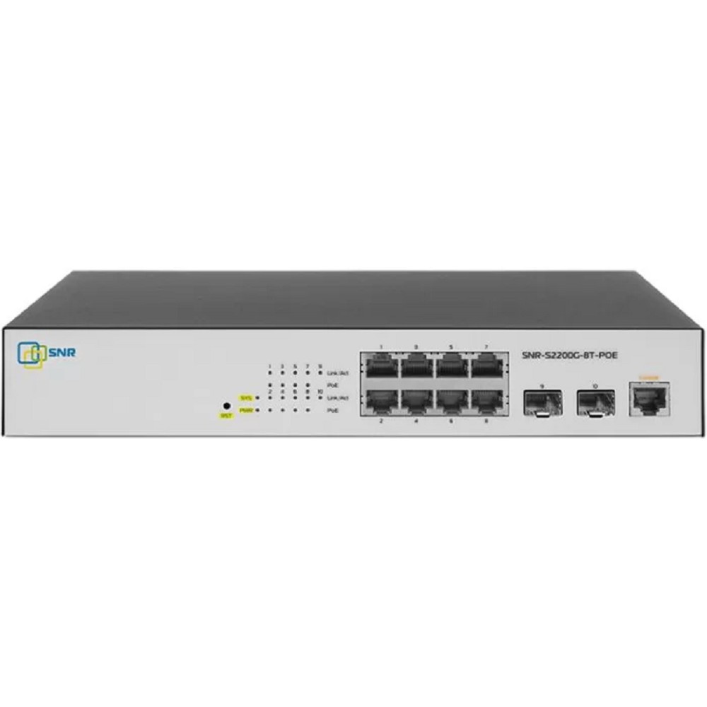 SNR SNR-S2200G-8T-POE Управляемый Web-smart PoE коммутатор уровня 2, 8 портов 10/100/1000BaseT, 2 порта 100/1000BaseX (SFP), бюджет PoE 100 Вт, встроенный БП ~220V AC