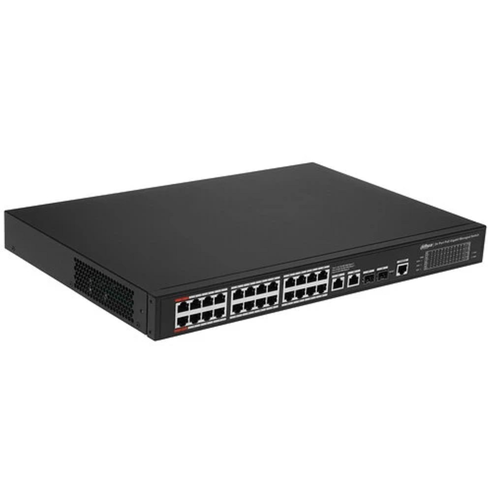 DAHUA DH-S4228-24GT-240 28-портовый гигабитный управляемый коммутатор с PoE, уровень L2, 24xRJ45 1GB PoE, 2xRJ45 1Gb, 2xSFP 1Gb, суммарно 240Вт, коммутация 56 Гбит/с, MAC-таблица 8К