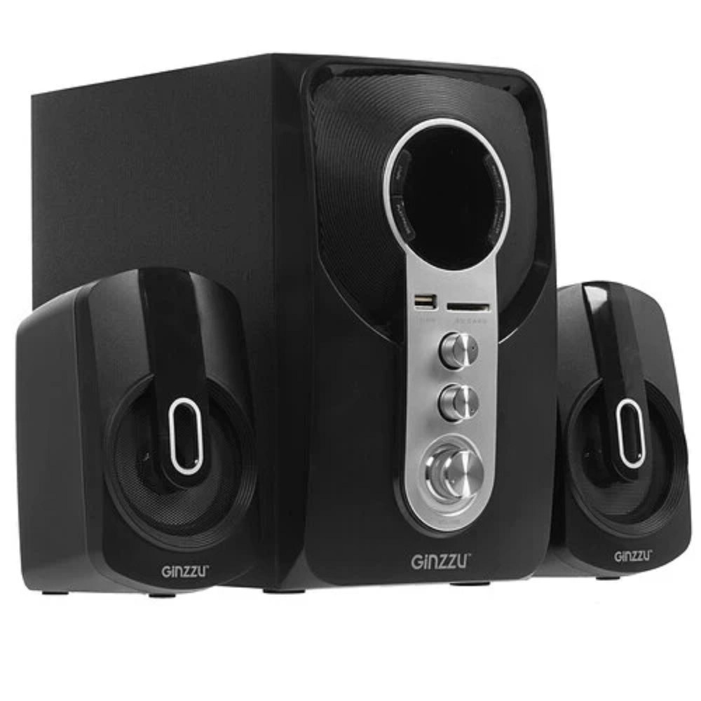 Ginzzu GM-405 2.1 с Bluetooth, выходная мощность 20Вт + 2х10Вт, аудиоплеер USB-flash, SD-card, FM-радио, пульт ДУ - 21 кнопка, стерео вход (2RCA), эквалайзер (обыч