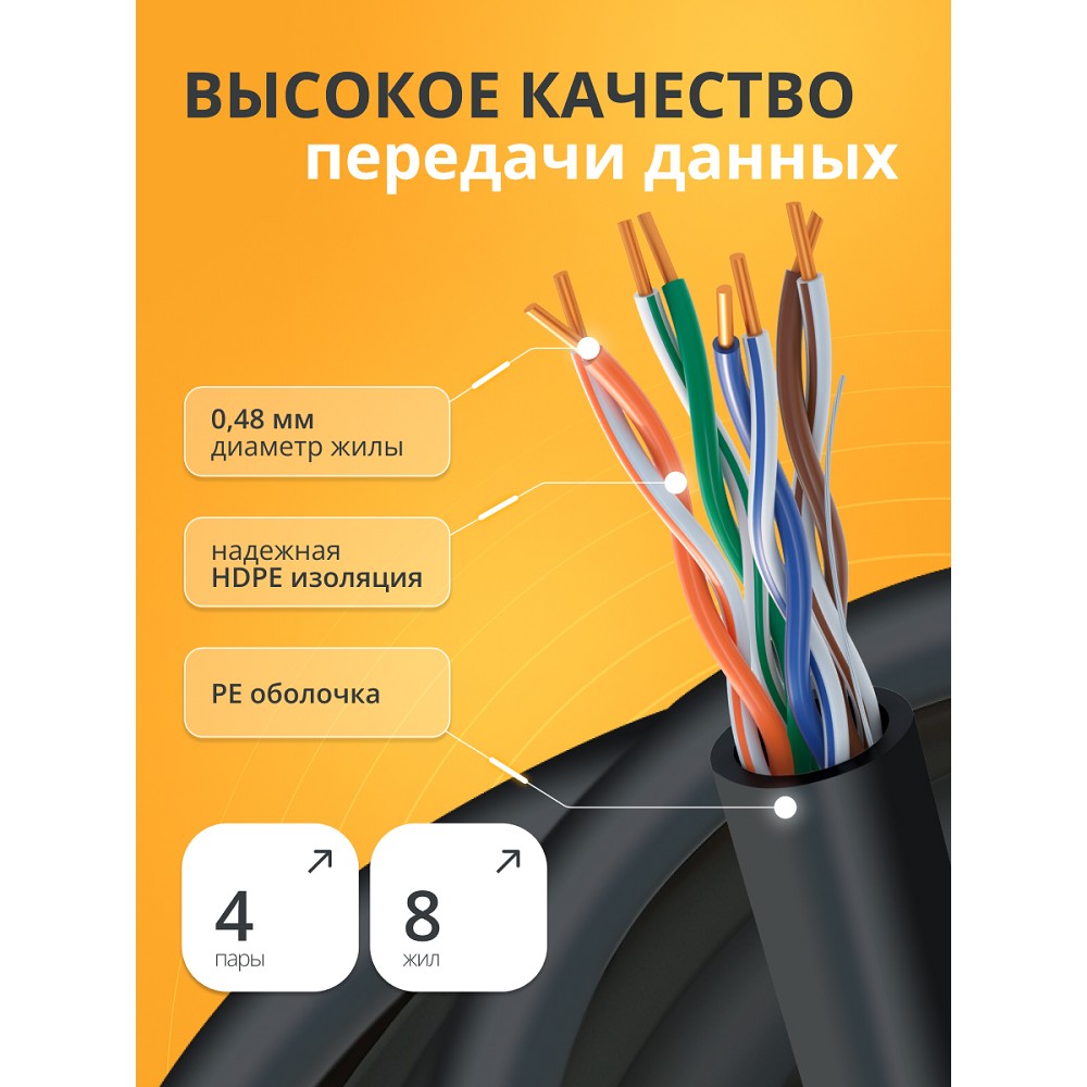 Кабель витая пара Bion BCL-U5480-381 U/UTP, кат.5e, 4x2x0,48 мм AWG 24, медь, одножильный, PE, для внешней прокладки, 305м,черный