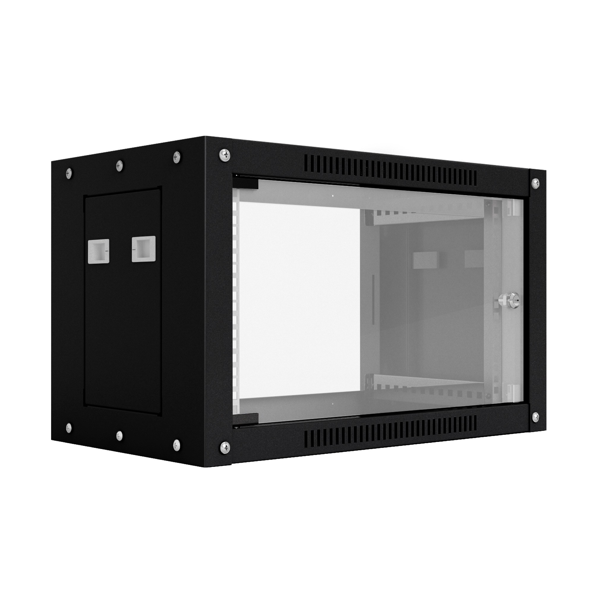 NTSS Шкаф настенный телекоммуникационный NTSS WS 12U 600х600х635мм, 2 профиля 19, дверь стеклянная, боковые стенки съемные, разобранный, черный RAL 9005 NTSS-WSP12U6060GS-BL