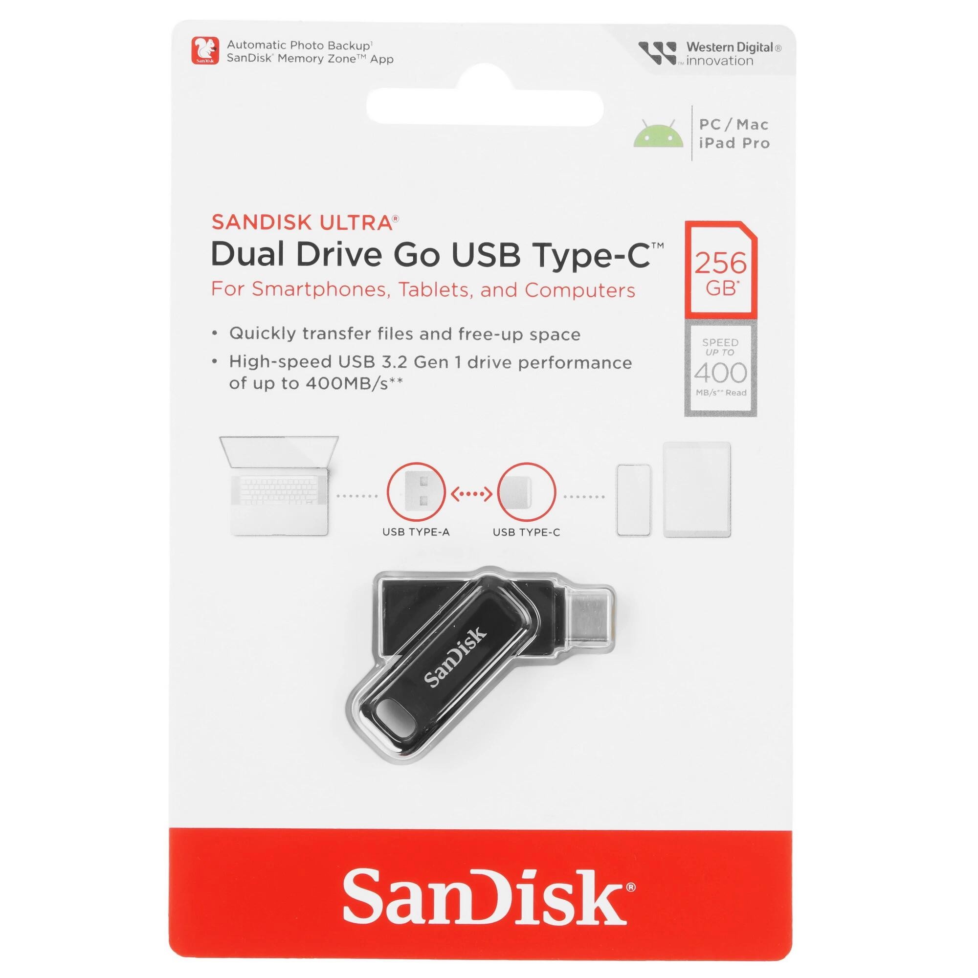 SanDisk USB Drive 256GB Ultra Dual Drive Go, USB 3.1 - USB Type-C Black