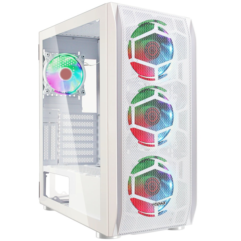 Ginzzu GL 390 боковая дверца закаленное стекло на петлях на магнитах, controller CRC10, 4* 12R6W FAN 12CM RGB Белый