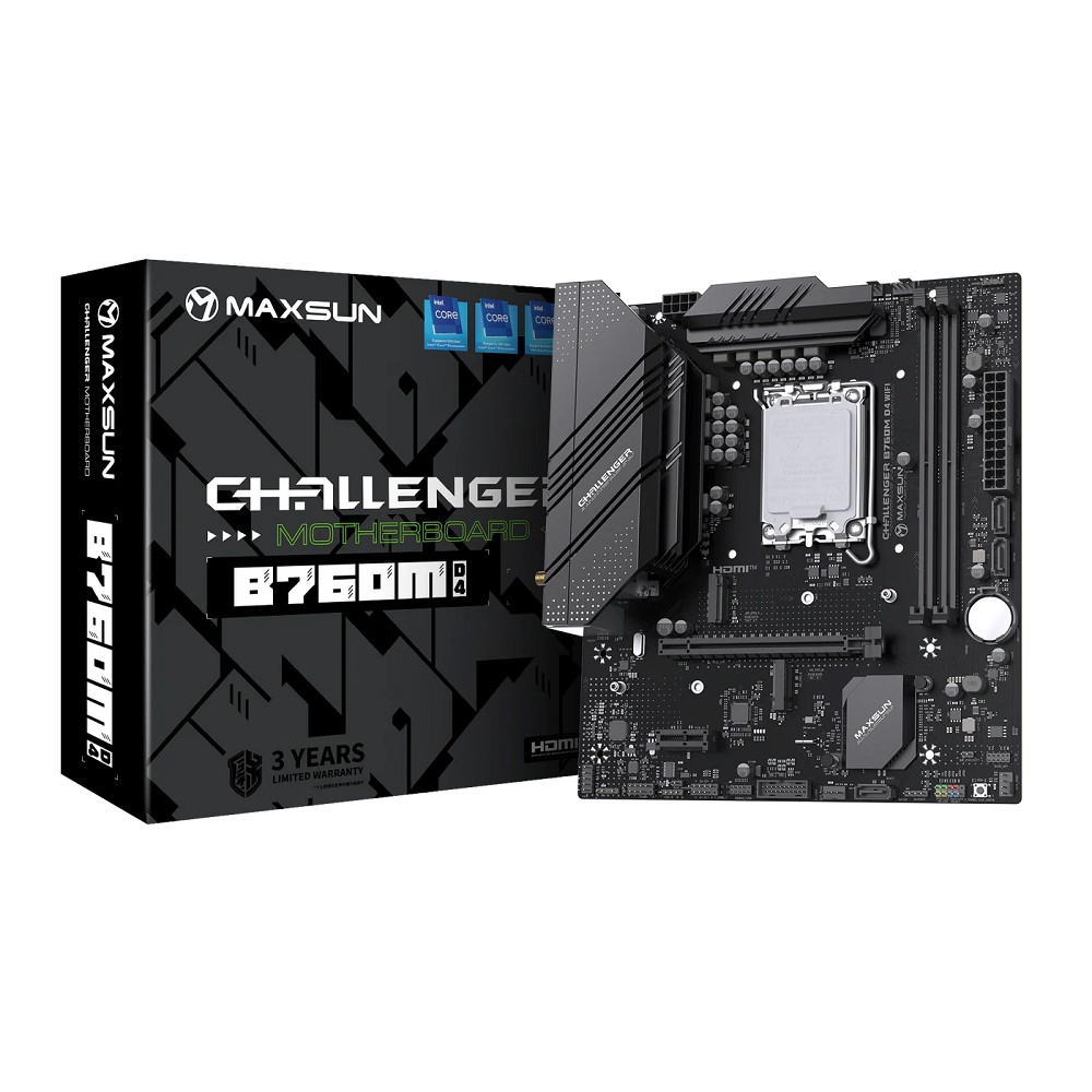 MAXSUN MS-Challenger B760M D4 WIFI (Socket 1700, mATX, 2*DDR4(64b), DP/HDMI, 3*SATA3, 2*M.2, 1xPCI-E x16 /1xPCI-E x1, 2*USB 2.0, 4*USB 3.2 GEN1, LAN 1*1G,  Bluetooth 5.2, Wi-Fi 802.11ax, RTL)