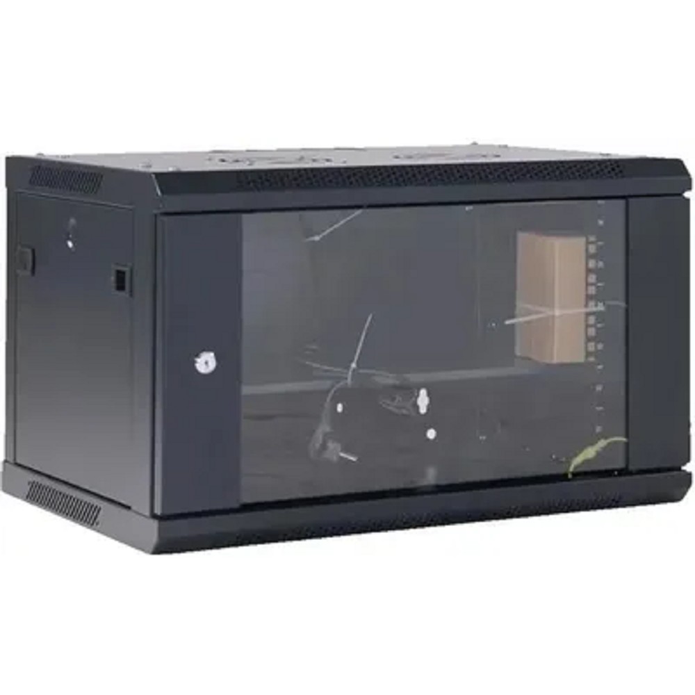 Rexant (04-0664-112) Настенный телекоммуникационный шкаф 19" 6U 600?450мм, дверь стекло, с задней стенкой, разборный, черный (RAL 9005)