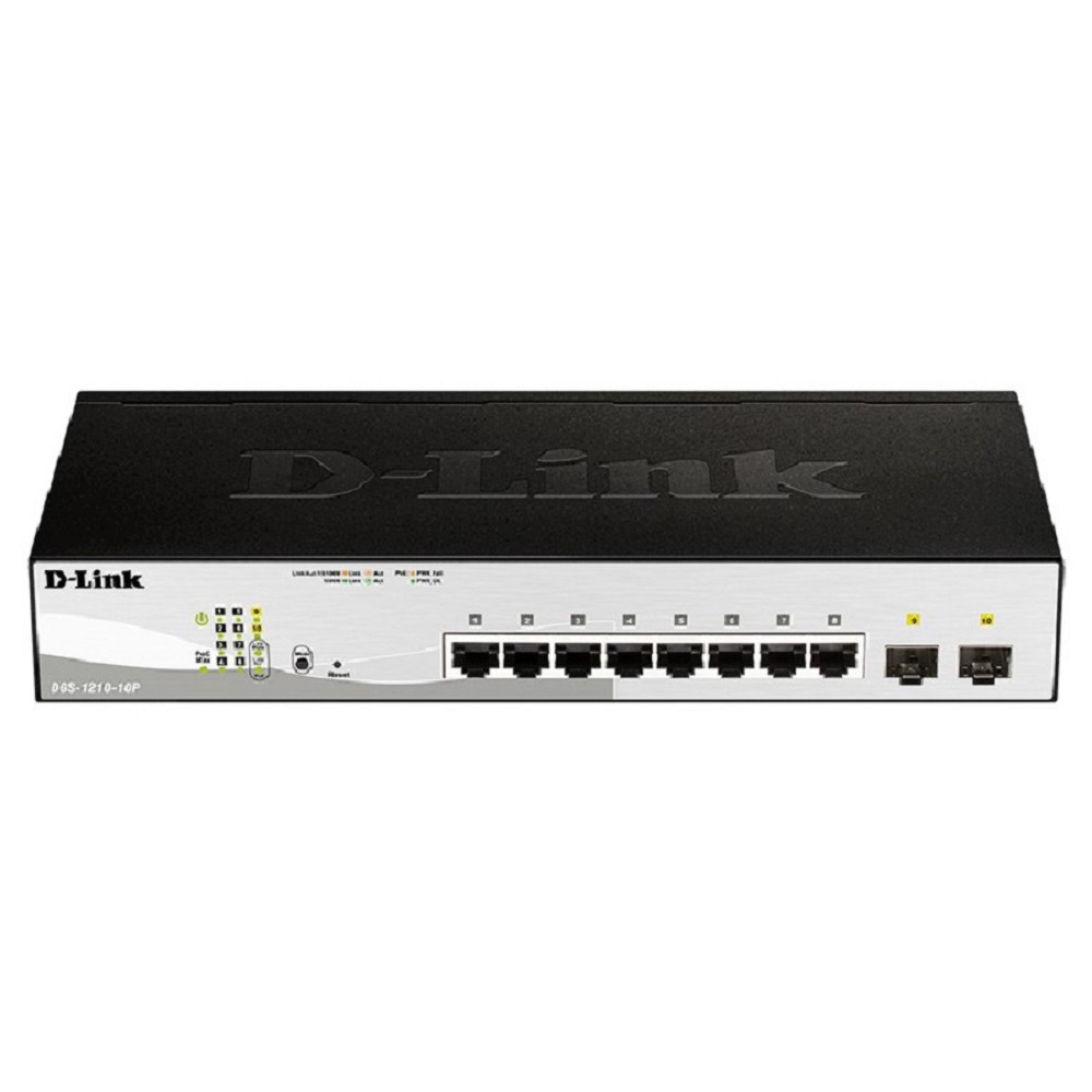 D-Link DGS-1210-10P/FL1A Управляемый L2 коммутатор с 8 портами 10/100/1000Base-T и 2 портами 1000Base-X SFP (8 портов PoE 802.3af/at, PoE бюджет 65 Вт)
