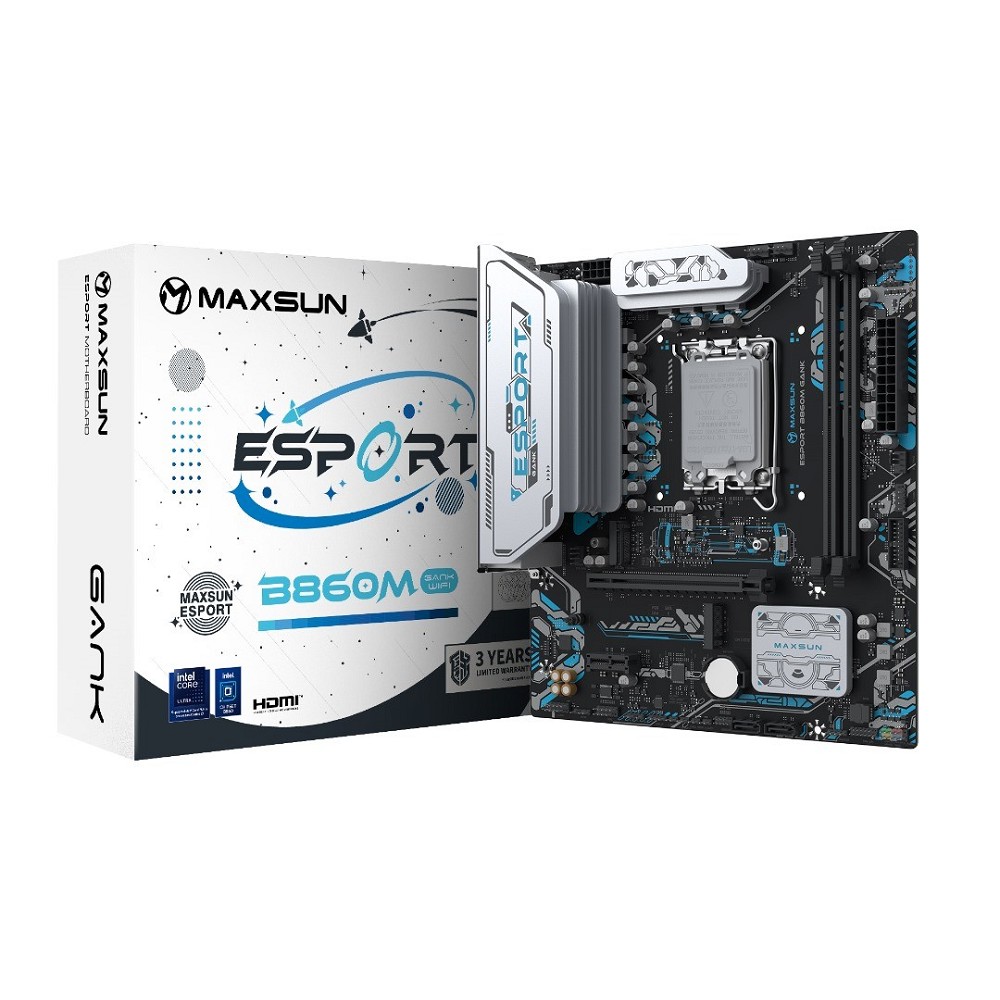 MAXSUN MS-eSport B860M GANK WIFI (Socket 1851, mATX, 2*DDR5(96Gb), DP/HDMI, 2xSATA3, 2*M.2,xPCI-Ex16 xPCI-Ex1, 2*USB 2.0, 4*USB 3.2, LAN 1*1G, Bluetooth, Wi-Fi6, ARGB, RTL)