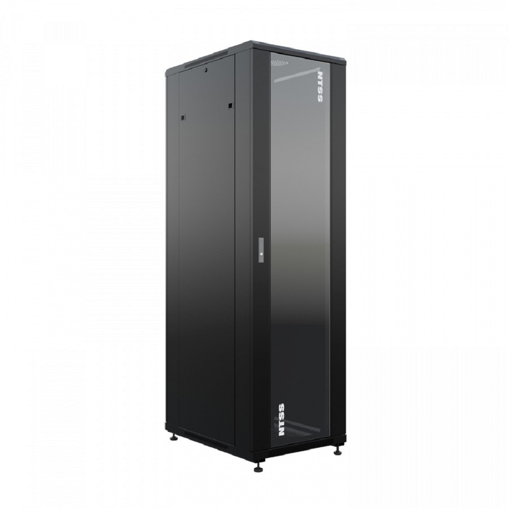 NTSS Шкаф напольный универсальный серверный NTSS R 22U 600х800мм, 4 профиля 19, двери стекло и сплошная металл, боковые стенки съемные, регулируемые опоры, разобранный, черный RAL 9005 NTSS-R22U6080GS