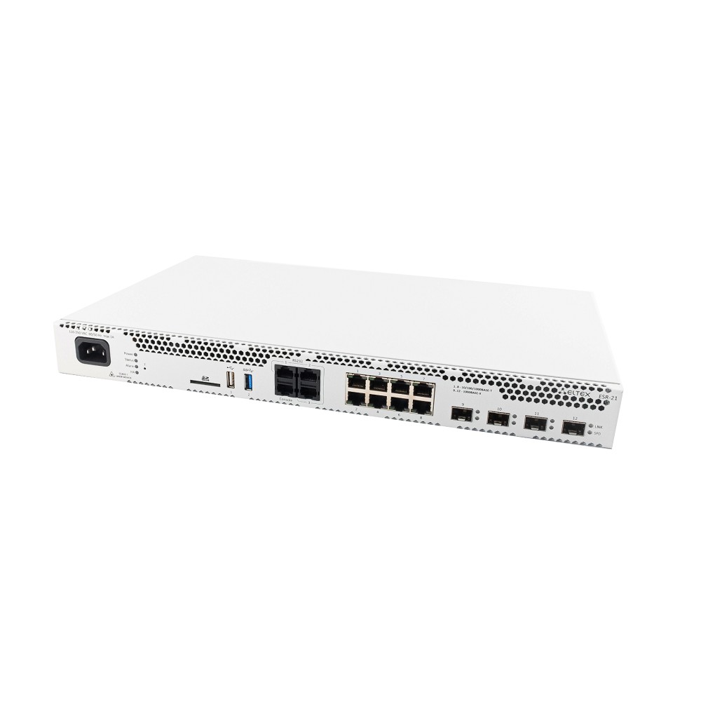 ELTEX ESR-21 Сервисный маршрутизатор 8хEthernet 10/100/1000 Base-T; 4хEthernet 10/100/1000 Base-X (SFP); 1xRS-232 (RJ-45); 3xSerial (RS-232); 2 порта USB2.0, АС