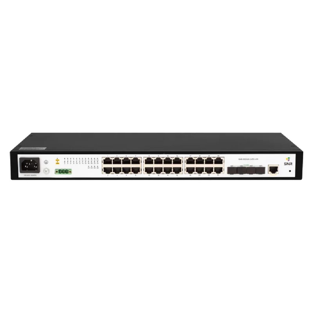 SNR SNR-S5210G-24TX-UPS Управляемый коммутатор уровня 2+, 24 порта 10/100/1000Base-T, 4 порта 1/10G SFP+, встроенный БП ~220V AC, разъем для АКБ 12V с возможностью заряда