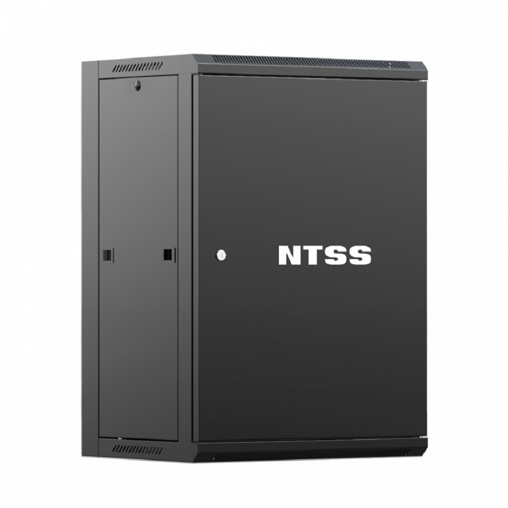 NTSS Шкаф настенный телекоммуникационный NTSS W 15U 600х450х770мм, 2 профиля 19, дверь сплошная металл, боковые стенки съемные, разобранный, черный RAL 9005 NTSS-W15U6045FD-BL