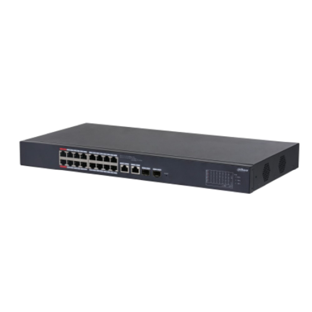DAHUA DH-CS4218-16ET-240 16-портовый PoE коммутатор L2 с функцией облачного управления, 16xRJ45 100Mb PoE, 2хКомбо SFP/RJ45 1Gb uplink, суммарно 240Вт, коммутация 7.2 Гбит/с, MAC-таблица 8К