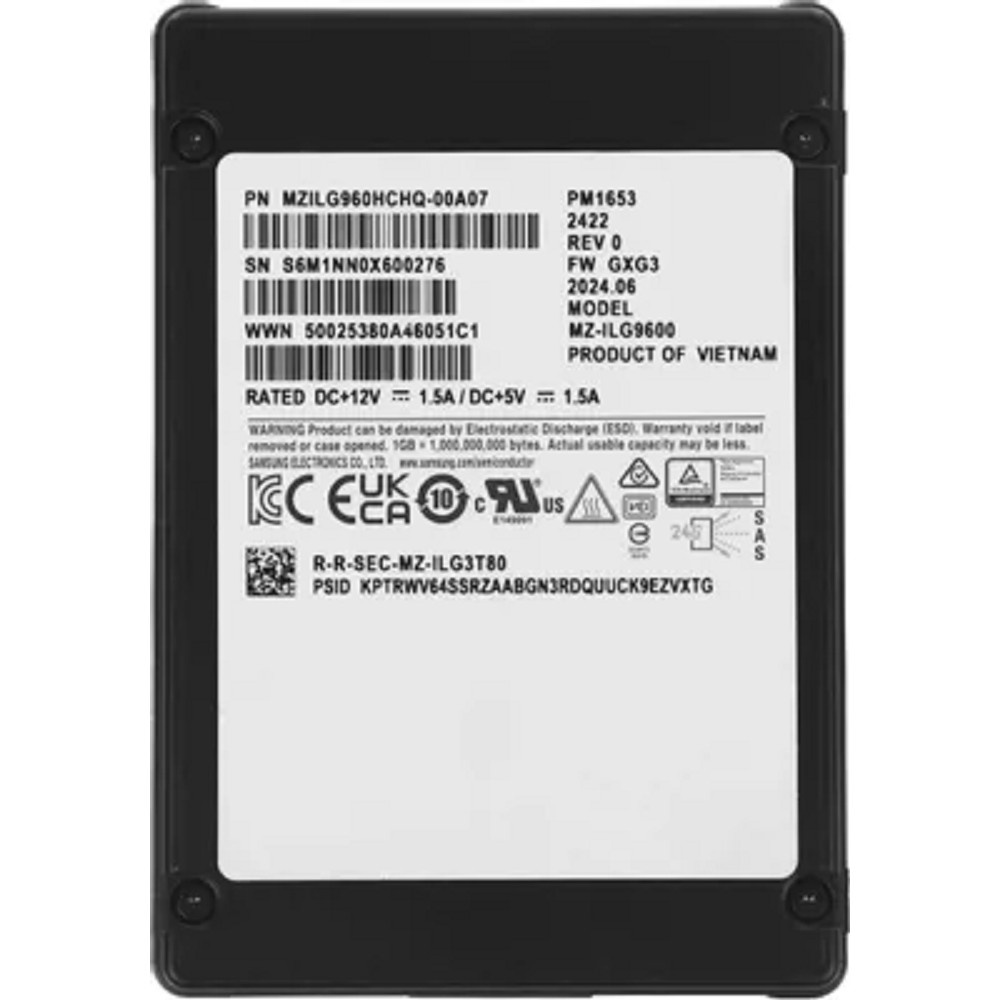 Samsung SSD 960GB PM1653, 2.5" 15mm, SAS 24Gb/s, 3D TLC, MZILG960HCHQ-00A07