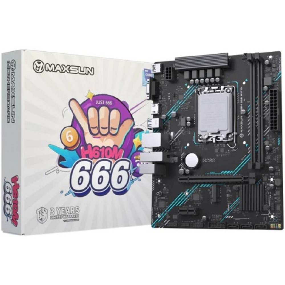 MAXSUN MS-H610M 666 WIFI6 (Socket 1700, mATX, 2*DDR4, VGA/HDMI, 4*SATA3, 1*M.2, 1*PCIEx16/1*PCIEx1, 3*USB2.0, 2*USB 3.2 Gen1, LAN 1*1G, Bluetooth,  Wi-Fi 802.11ax, RTL)