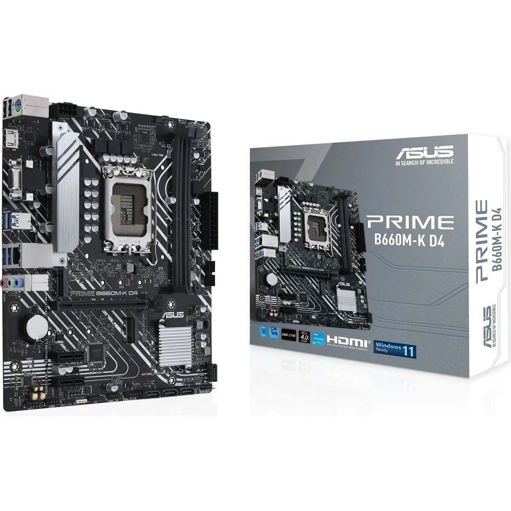 ASUS PRIME B660M-K D4 (Socket 1700, mATX, 2xDDR4(64GB), VGA/HDMI 2.1, 1xPCIe 4.0x16/2xPCIe 3.0, 1xLAN, 4xSATA 6Gb/s, 2xM.2, 4xUSB 3.2, 2xUSB 2.0, 1xPS/2)