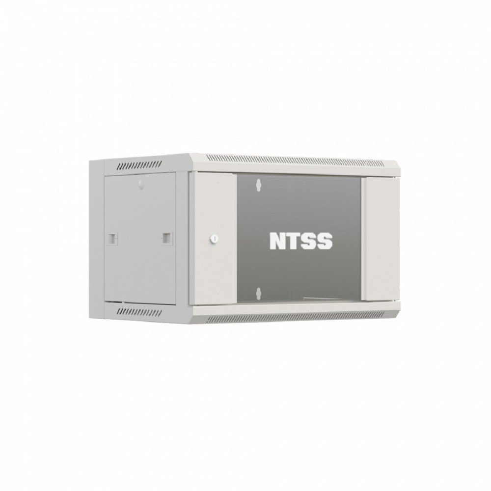 NTSS Шкаф настенный телекоммуникационный NTSS W 6U 600х600х370мм, 2 профиля 19, дверь стеклянная, боковые стенки съемные, задняя стенка, разобранный, серый RAL 7035 NTSS-W6U6060GS