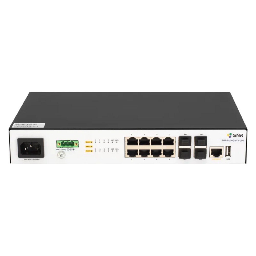 SNR SNR-S5210G-8TX-UPS Управляемый коммутатор уровня 2+, 8 портов 10/100/1000Base-T, 4 порта 1/10G SFP+, встроенный БП ~220V AC, разъем для АКБ 12V с возможностью заряда