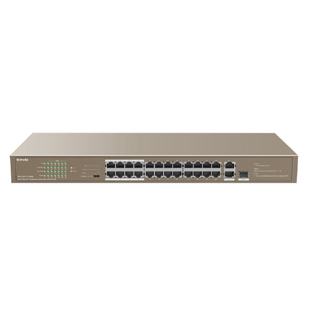 TENDA TEF1126P-24-250W Коммутатор в стойку 24-Ports 10/100 Base-TX + 2-Ports 10/100/1000 Base-T + 1-Port 1000 Base-X SFP 24-Ports PoE(PoE бюджет 230W)