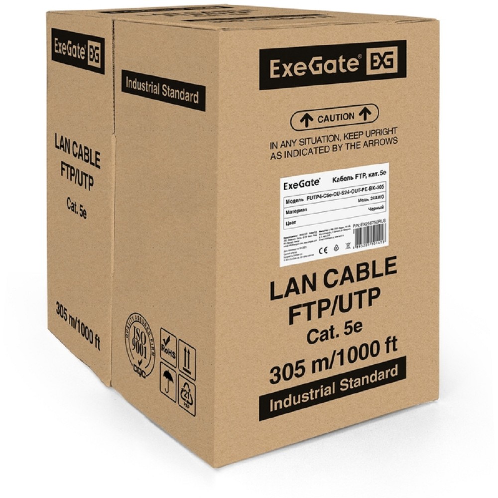 ExeGate EX256750RUS FUTP4-C5e-CU-S24-OUT-PE-BK-305-FLUKE FTP 4 пары кат.5e медь, 24AWG, FLUKE® test pass, экран, внешн., без троса, бухта 305м, черн., PE