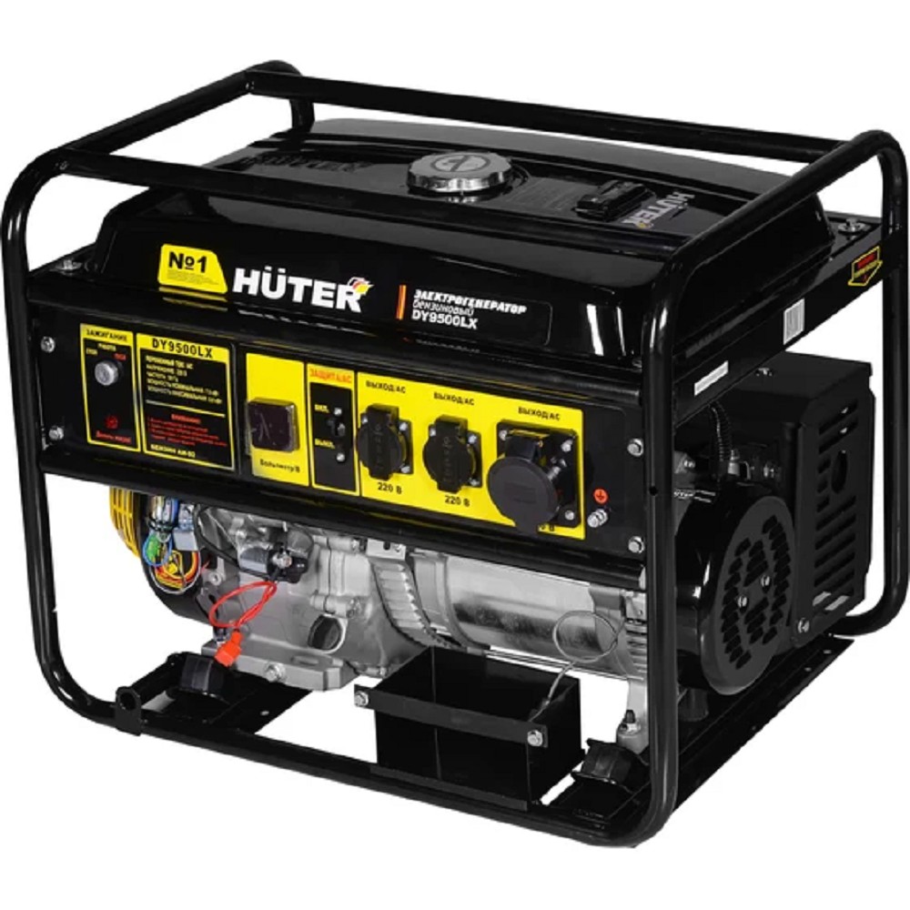 Huter DY9500LX 64/1/40 Электрогенератор { четырехтактный, 7500Вт, 220В/50Гц, 91Дб, принудительное охлаждение, бак 25 л, расход бензина 374 г/кВтч, расход масла 6,8 г/кВтч, электростартер }