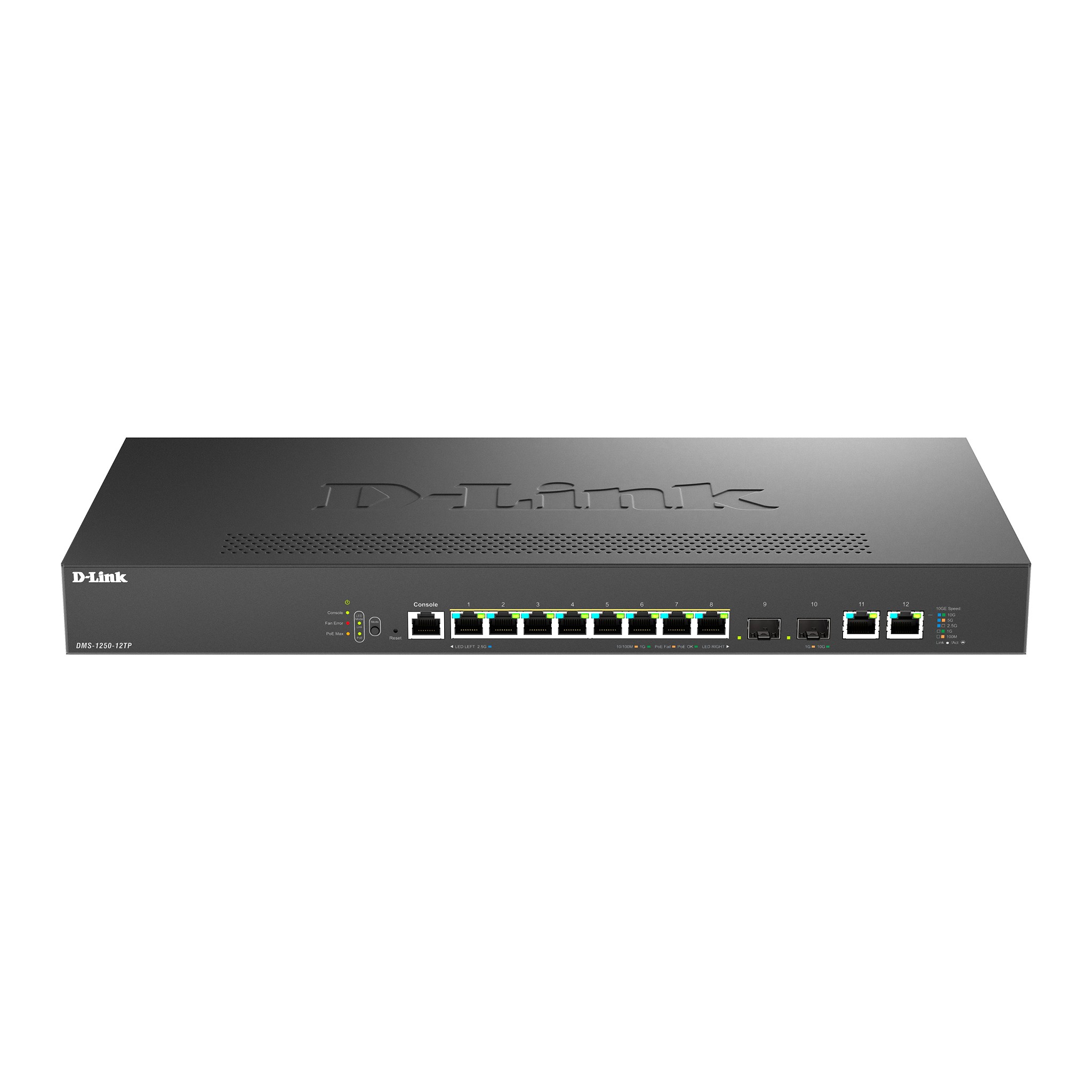 D-Link DMS-1250-12TP/A1A/6KV Управляемый L2 коммутатор с 8 портами 100/1000/2.5GBase-T, 2 портами 10GBase-T и 2 портами 10GBase-X SFP+ (8 портов PoE 802.3af/at, PoE-бюджет 240 Вт)