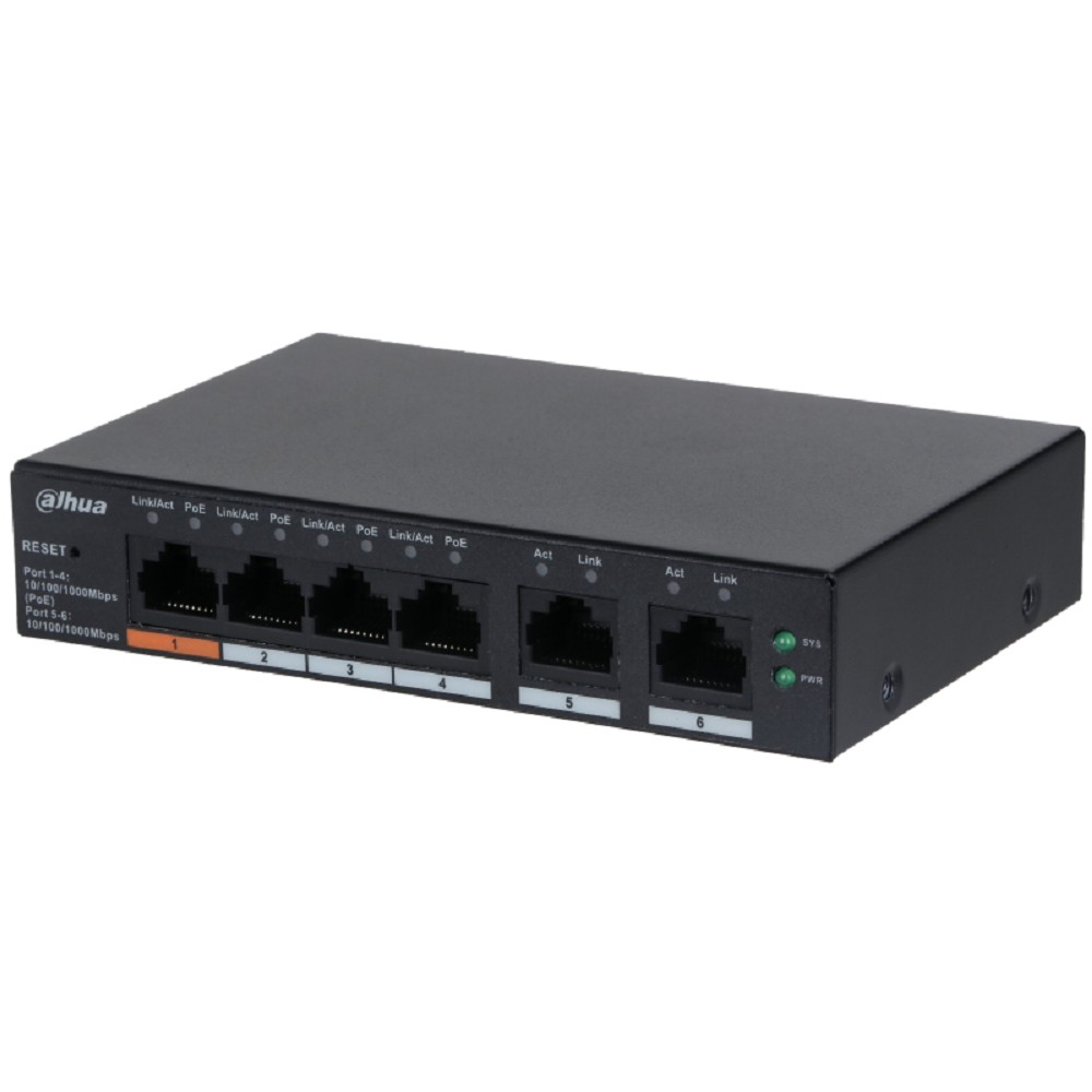 DAHUA DH-CS4006-4GT-60 4-портовый гигабитный PoE коммутатор с функцией облачного управления, 4xRJ45 100Mb, 2xRJ45 1Gb uplink, суммарно 60Вт, коммутация 12Гбит/с, МАС-таблица 8К