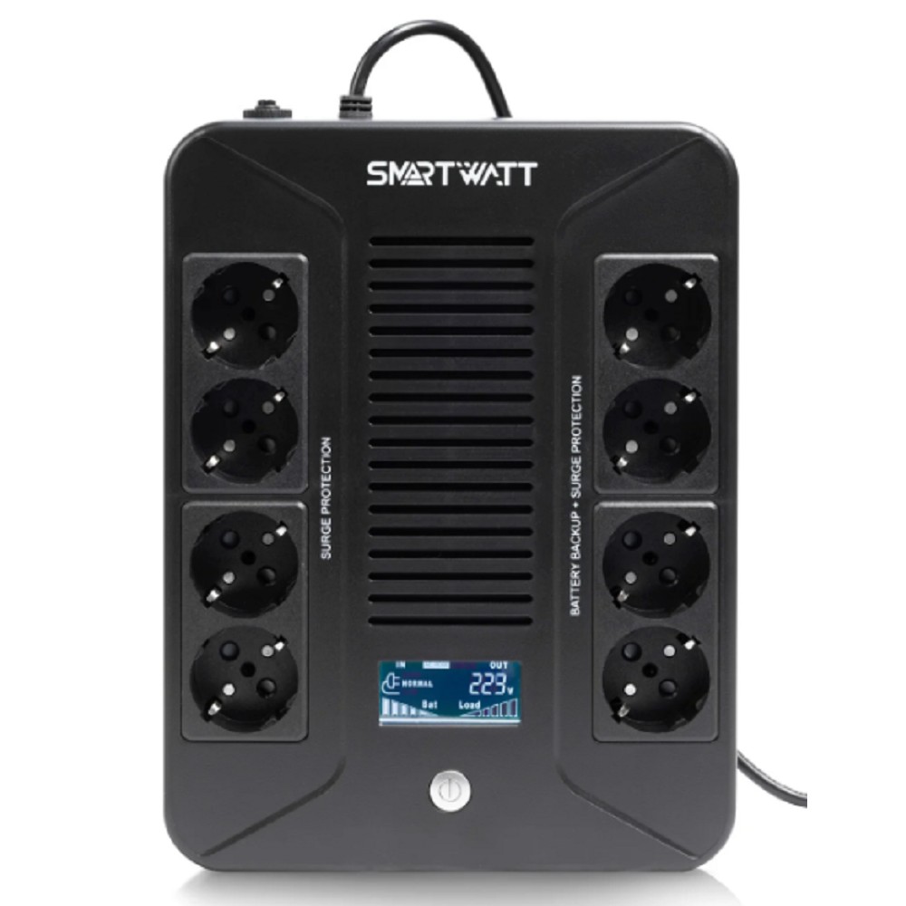 SMARTWATT UPS SAFE PRO LCD 600 {линейно-интерактивный, 600/360 ВА/Вт, напольный/настенный, LCD дисплей, Shuko CEE7/4 - 8 шт. (4 шт. с резервным питанием, 4 шт. - сетевой фильтр}