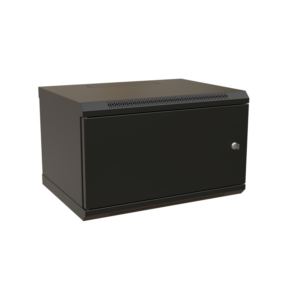WRline Шкаф настенный 19-дюймовый (19"), 6U, 367х600х600мм, металлическая передняя дверь с замком, две боковые панели, цвет черный (RAL 9004) (разобранный)
