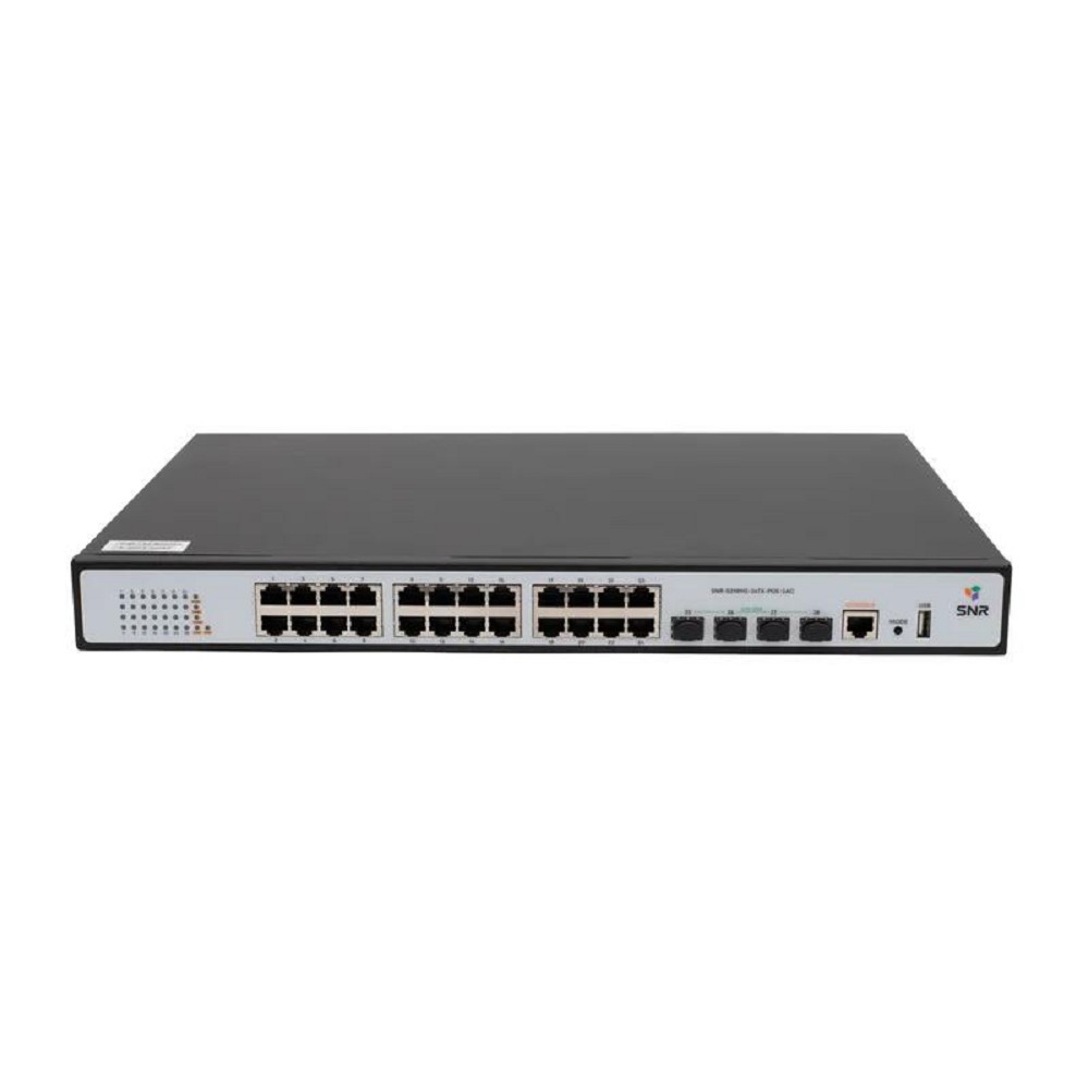 SNR SNR-S2989G-24TX-POE-2AC Управляемый PoE коммутатор уровня 2+, 24 порта 10/100/1000Base-T, 4 порта 1/10G SFP+, бюджет PoE 370 Вт, VFS HA, два встроенных БП ~220V AC