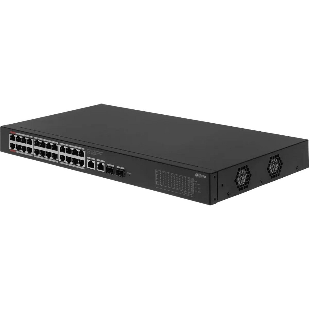 DAHUA DH-S3228-24GT-375 24-портовый неуправляемый гигабитный коммутатор с PoE L2 24 RJ45 10/100/1000Мбит/с (PoE/PoE+/Hi-PoE), 2 RJ45 10/100/1000Мбит/с (uplink), 2 SFP 1000Мбит/с (uplink), POE: 375Вт  