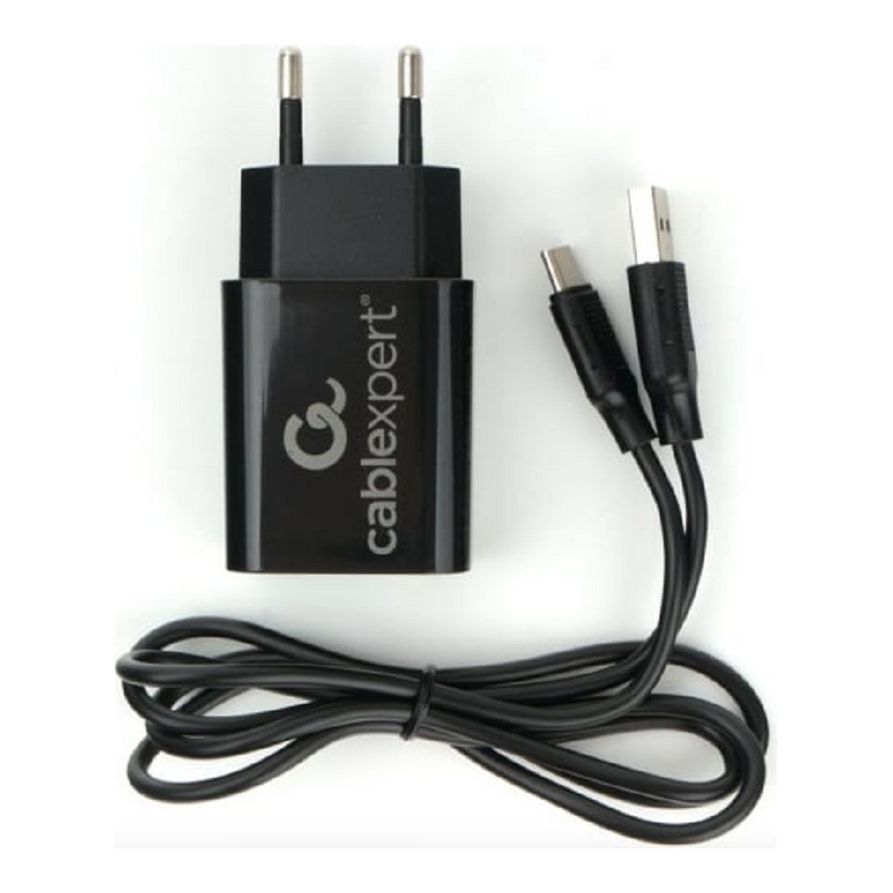 Cablexpert Адаптер питания USB 2 порта, 2.4A, черный + кабель 1м Type-C (MP3A-PC-37)