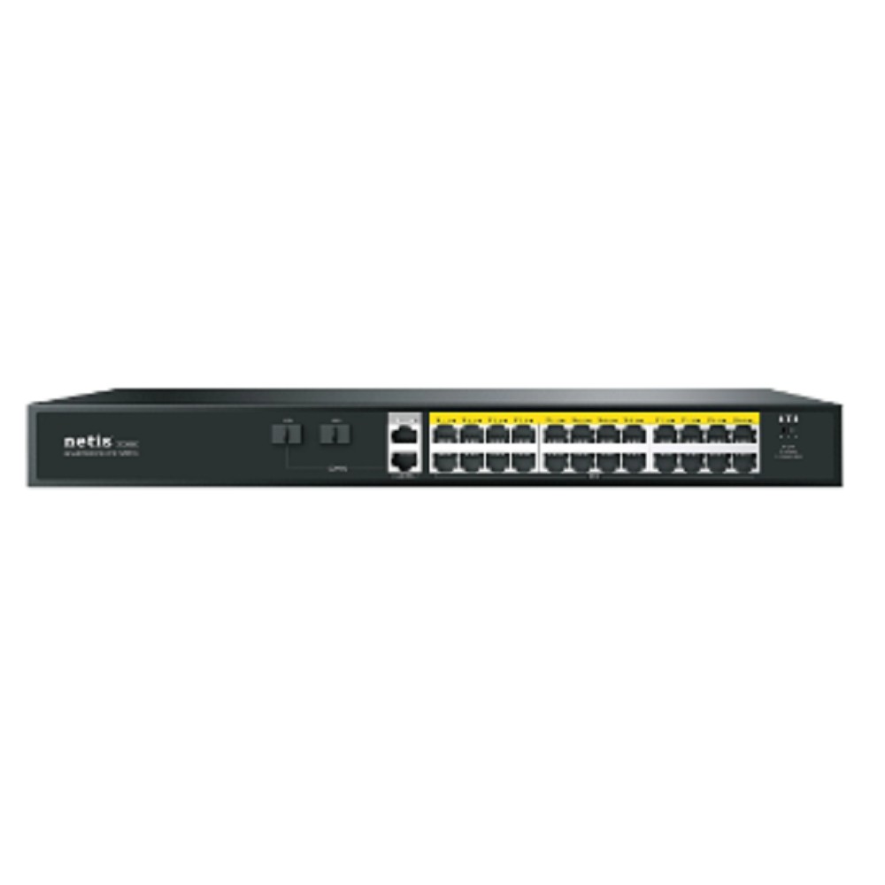 Коммутатор Netis P124GH (L2) 24x100Мбит/с 2x1Гбит/с 1xКомбо(1000BASE-T/SFP) 1SFP 24PoE 24PoE+ 360W неуправляемый