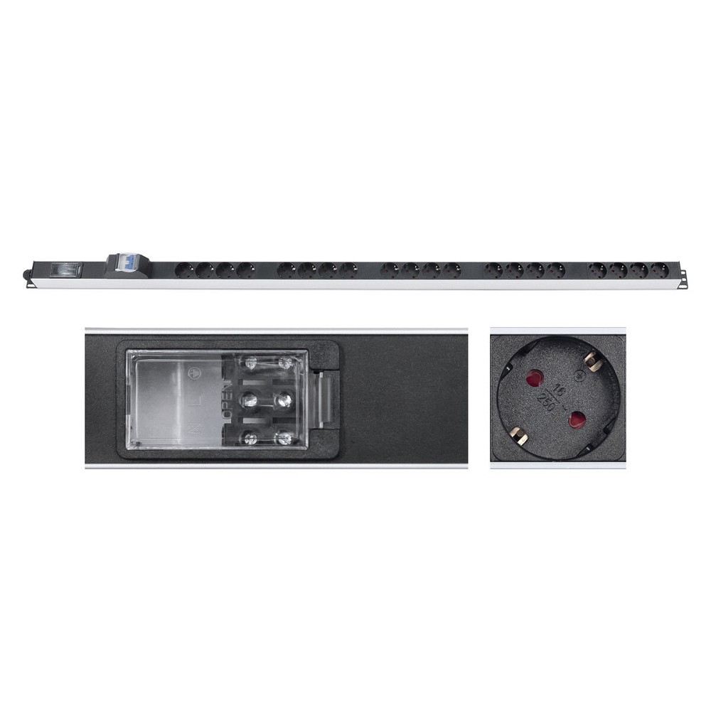 CABEUS PDU-16-20S-B-T БЛОК РОЗЕТОК ДЛЯ 19" ШКАФОВ, ВЕРТИКАЛЬНЫЙ, 20 РОЗЕТОК SCHUKO, 16А, АВТОМАТ ЗАЩИТЫ, АЛЮМИНИЕВЫЙ КОРПУС, КЛЕММНАЯ КОЛОДКА