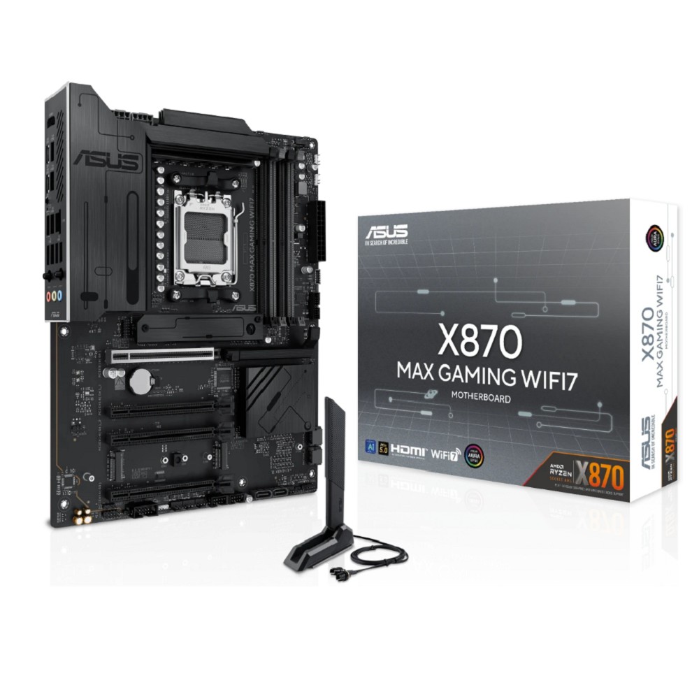 ASUS X870 MAX GAMING WIFI7 (Socket AM5, ATX, 4xDDR5(256GB), HDMI, 1xPCIe 5.0x16/2xPCIe 4.0x16/xPCIe 3.0x16, 1xLAN (2.5GbE), Wi-Fi 7, BT, 4xSATA 6Gb/s, 3xM.2, 2xUSB4 Type-C, 4xUSB 3.2, 4xUSB 2.0)