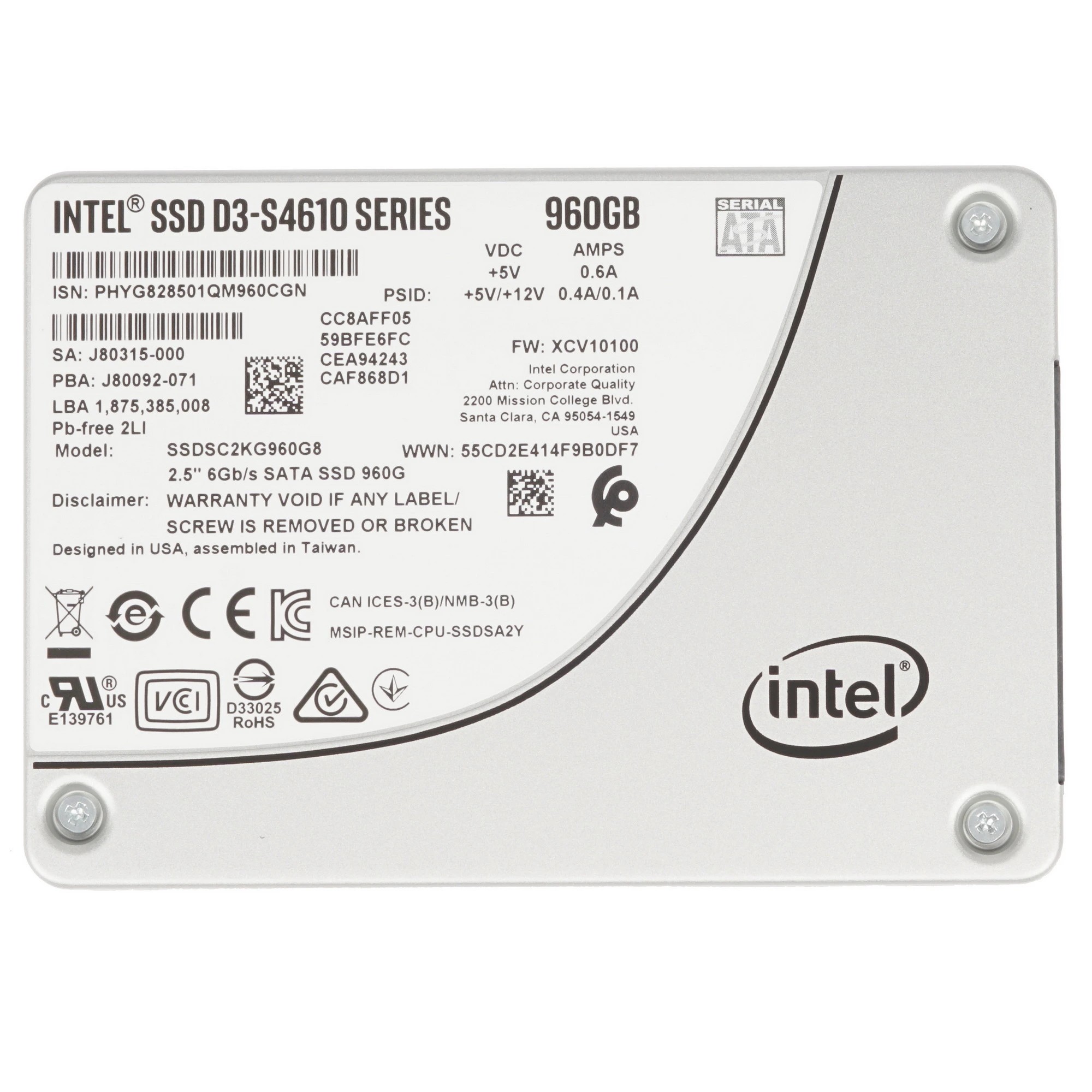 Intel SSD 960Gb S4610 серия SSDSC2KG960G801 {SATA3.0, 3D2, TLC, 2.5"}
