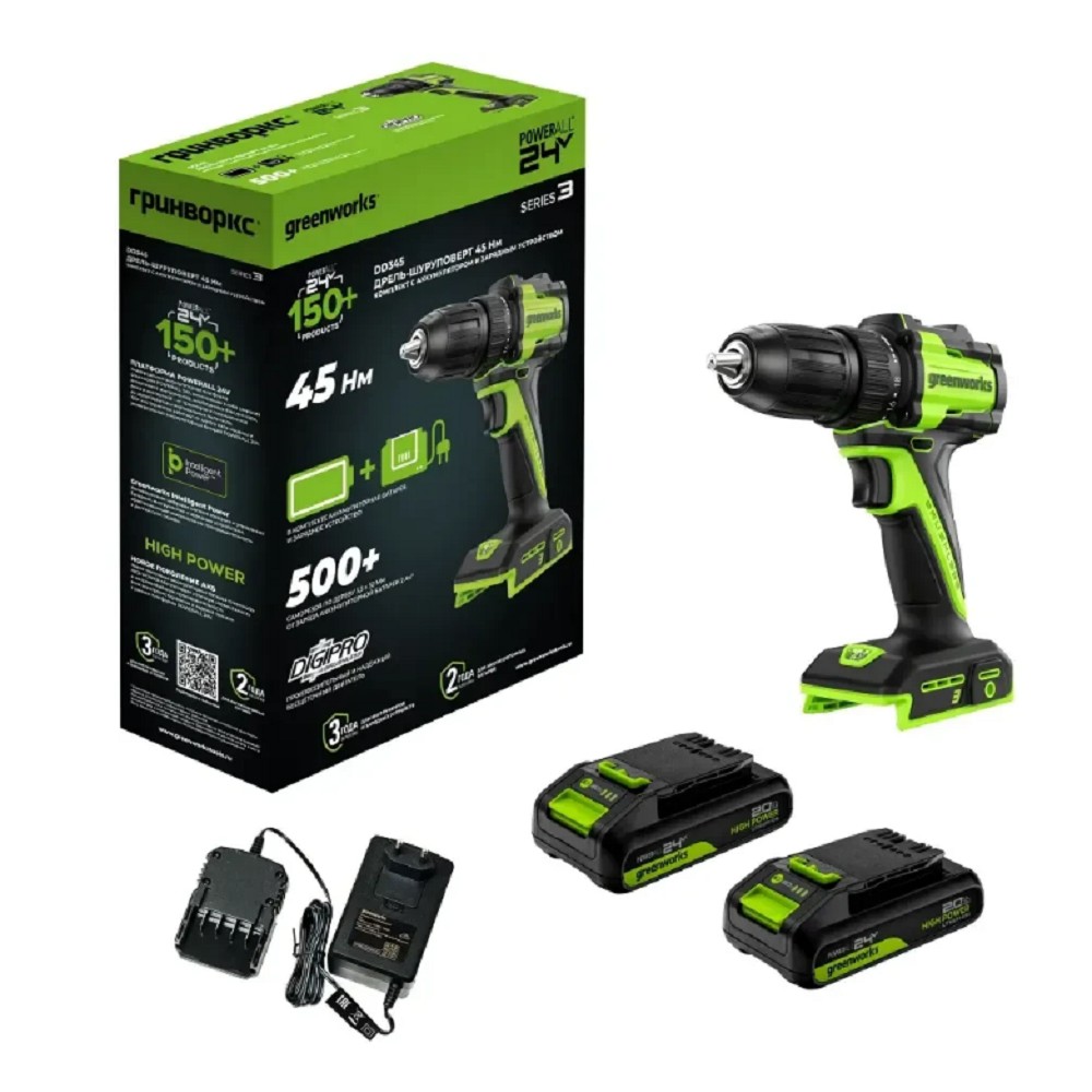 Greenworks DD345, 24V, Дрель-шуруповерт аккумуляторная, бесщеточная, 27/45 Нм,13мм,2х2Ач,ЗУ,кор  [3708307CUC]