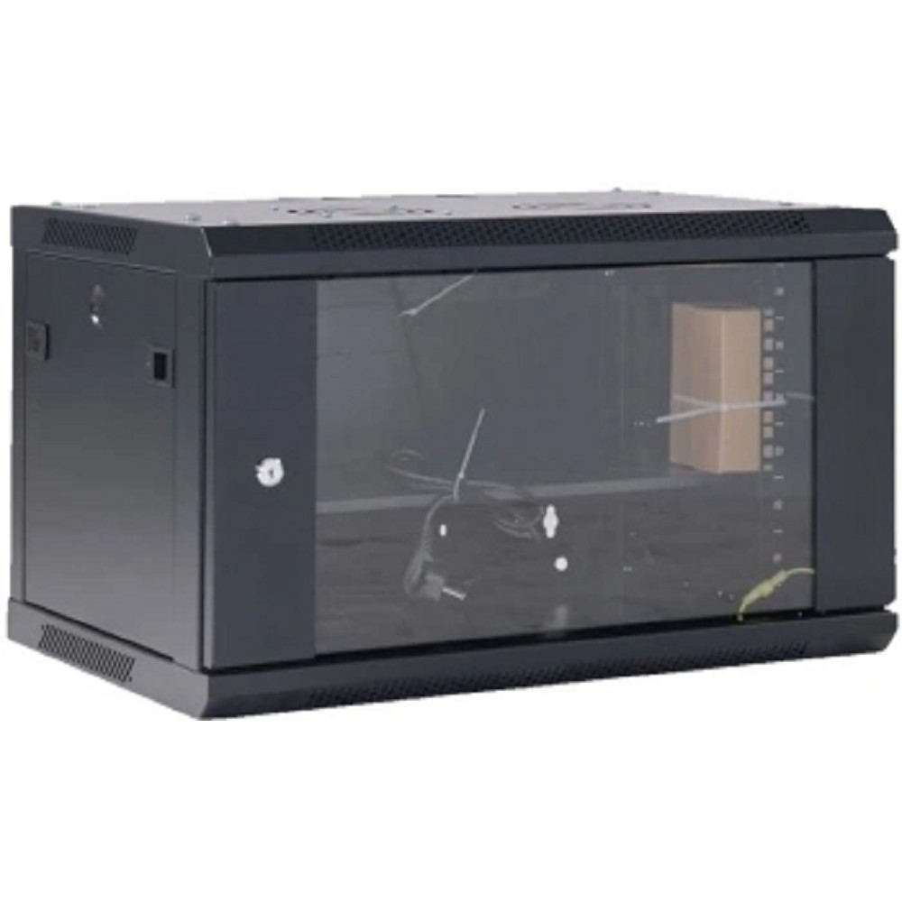Rexant (04-0654-112) Настенный телекоммуникационный шкаф 19" 6U 550?400мм, дверь стекло, с задней стенкой, разборный, черный (RAL 9005)